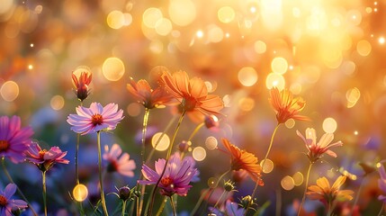 Colorful flower meadow with sunbeams and bokeh lights in summer - nature background banner with copy space - summer greeting card