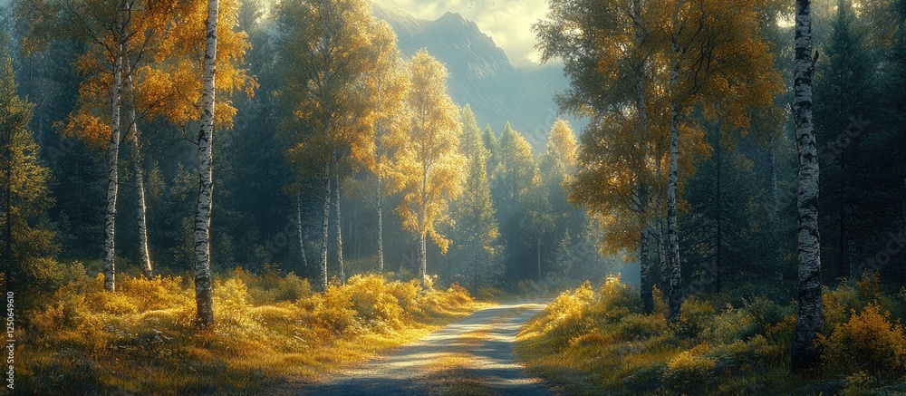 Poster autumn forest pathway with golden foliage and trees creating a serene atmosphere in natural sunlight