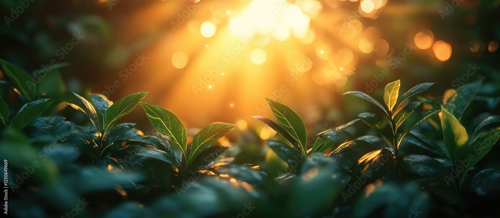 Poster green plants illuminated by warm evening sunlight creating a serene natural atmosphere with rays fil