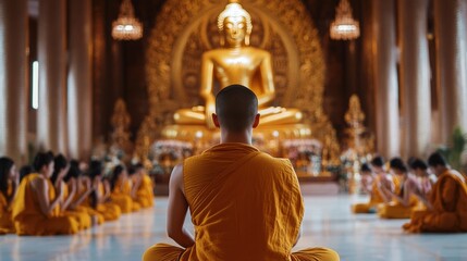 Monk teaching Dharma, a monk passionately delivering a lesson on the Four Noble Truths, students bowing in gratitude, the golden statue of Buddha in the background