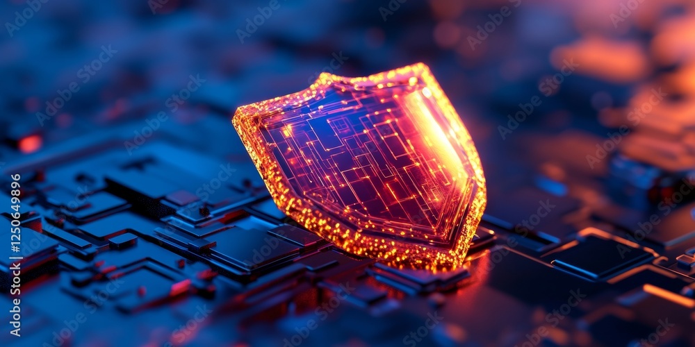 Poster Neon-Tech Cybersecurity Visualization Luminescent Shield with Digital Network Grid for Innovative Data Protection Solutions in Modern Business