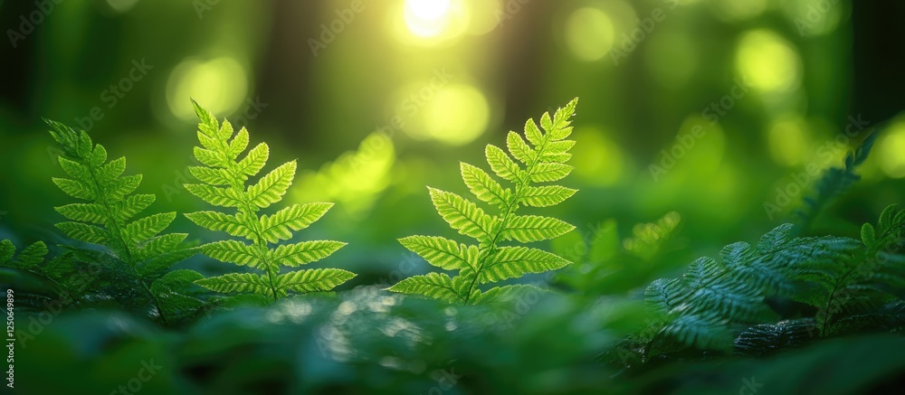 Poster lush green ferns with structured leaves illuminated by soft sunlight in a serene forest setting.