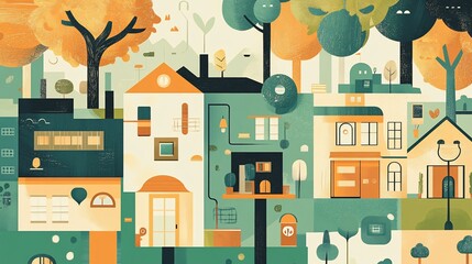 Naklejka premium Abstract neighborhood illustration with a stylized collection of houses and trees in a bright and modern color palette