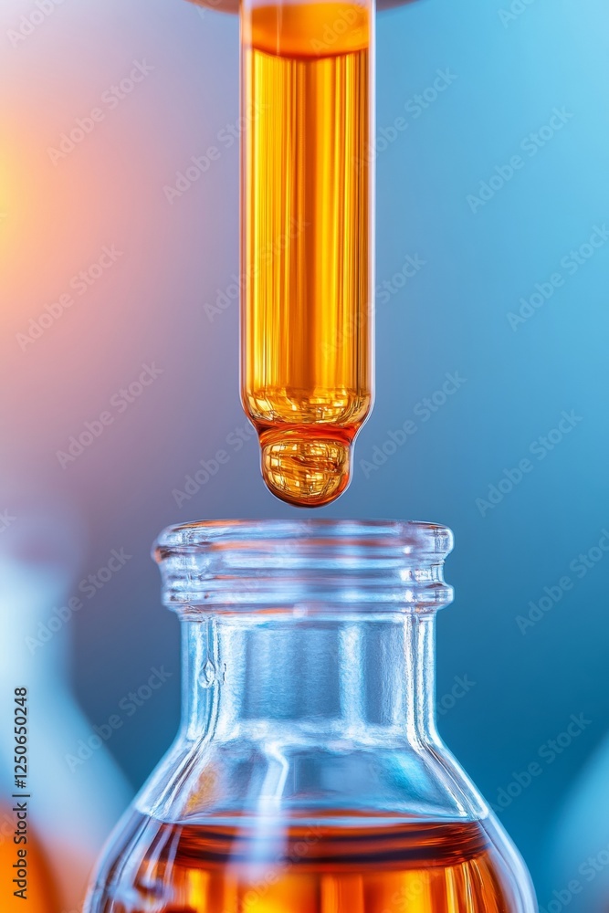 Poster minimalist scientific analysis precision glassware and vibrant liquids in automated lab setup innova