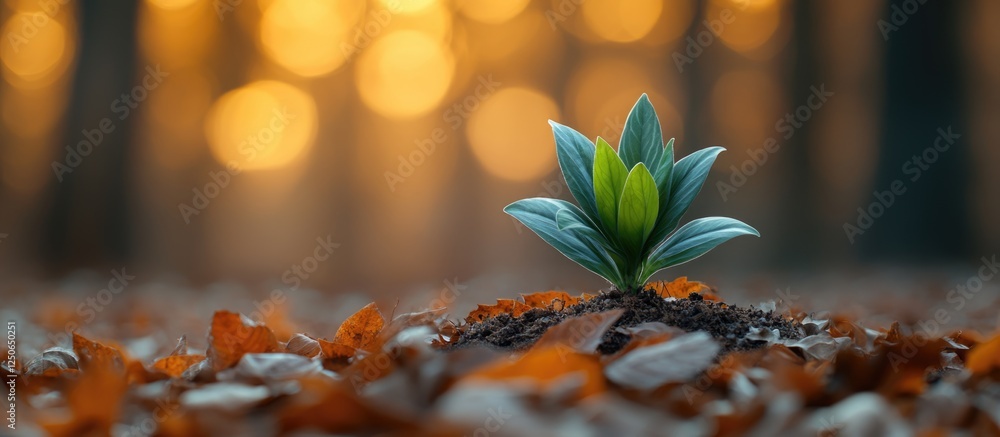 Aufkleber new growth emerging from decaying leaves in a serene forest setting with soft golden bokeh in the ba