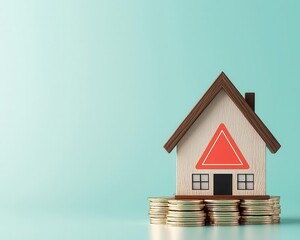 property loan asset risk. 3D illustration of a house on a stack of coins with a red warning triangle, representing property loan risk and asset management