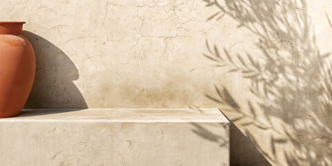 Olive Tree Shadow on Beige Rustic Wall with Clay Pot, Mediterranean Summer Home Architecture and Neutral Aesthetic Design.