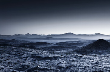 A dark, blue rocky landscape stretches out before the viewer, with mountains visible in the distance. The scene is set at night, against a stark white background, creating a desolate and eerie 