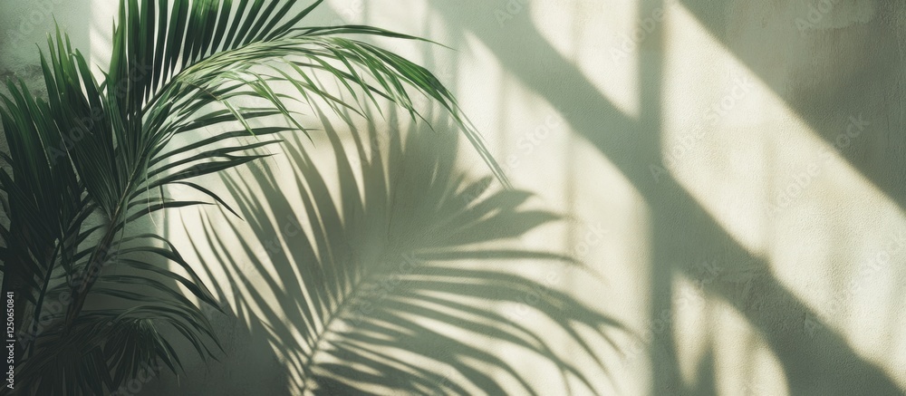 Aufkleber lush green palm leaf casting intricate shadows in sunlight with neutral background space ideal for t