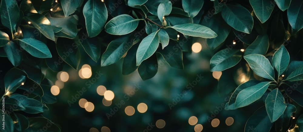 Poster lush green leaves with a dreamy bokeh light background creating a serene atmosphere suitable for tex