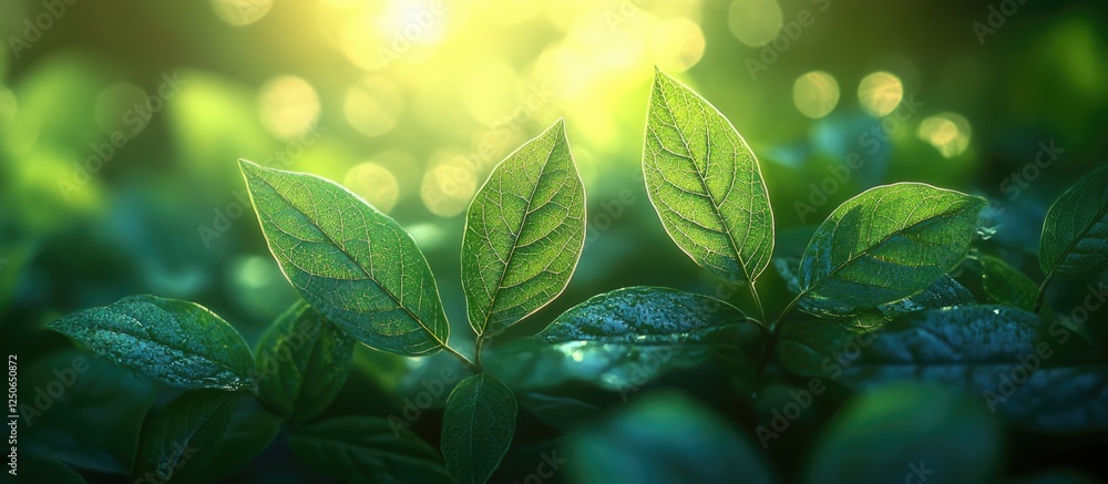 Poster lush green leaves with a soft blurred background creating a serene and calming nature-themed abstrac