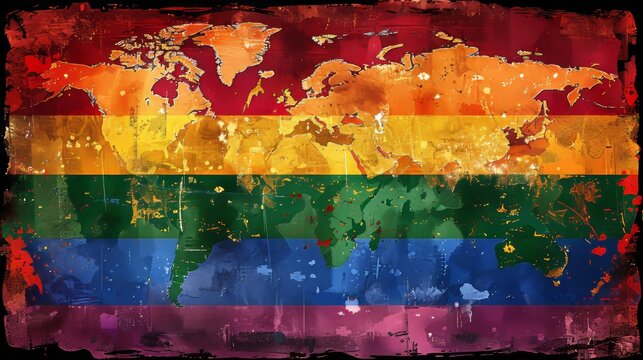 Rainbow flag waves against world map celebrating diversity and global lgbtq rights and inclusion