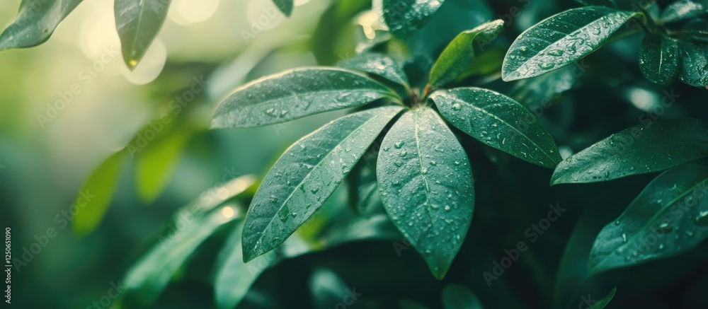 Poster lush green rainforest foliage with sunlight filtering through leaves creating a serene ecology backg