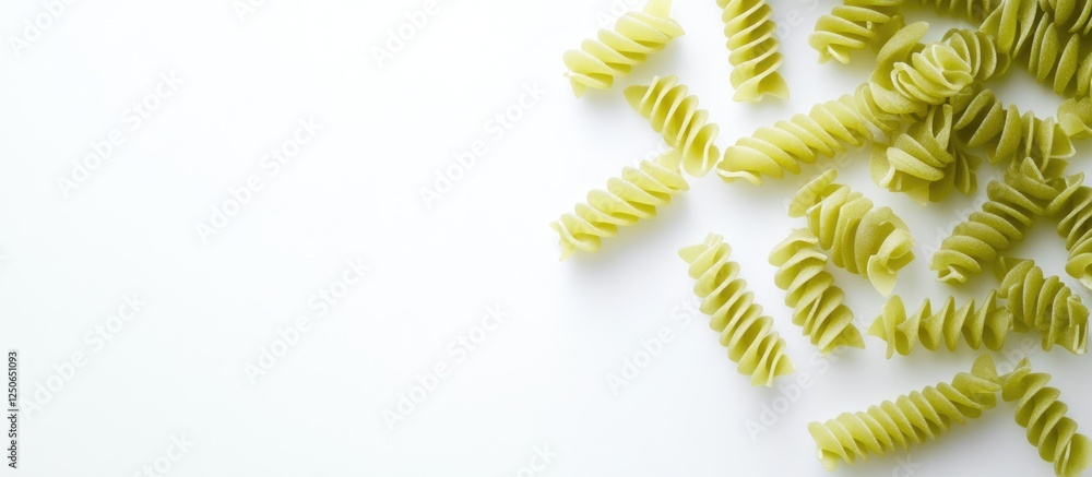 Aufkleber green corkscrew spiral pasta scattered on a clean white background with ample empty space for creati