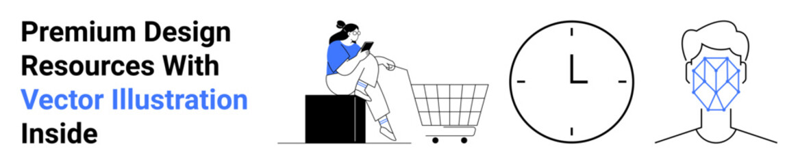 Woman seated near a shopping cart browsing on a phone, a clock symbolizing time, and a face with geometric patterns representing facial recognition. Ideal for tech, e-commerce, security, AI, time