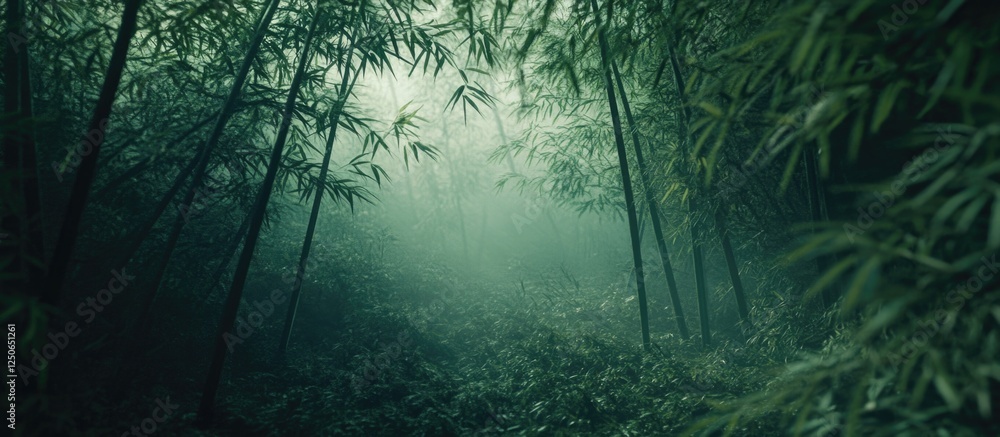 Poster mysterious bamboo forest scene with dark filter creating an atmospheric and serene jungle environmen