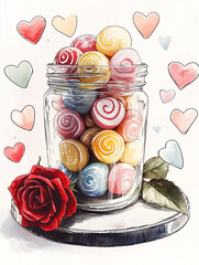 The Valentine Day Concept, A close-up of a glass candy jar filled with colorful swirl and heart-shaped candies, red rose, and floating hearts for a romantic and elegant Valentine’s atmosphere