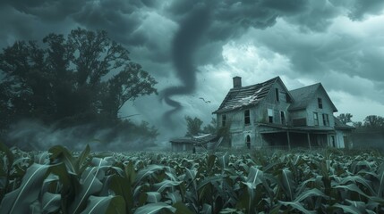 Dramatic sky with swirling tornado approaches quaint house in a serene and captivating landscape