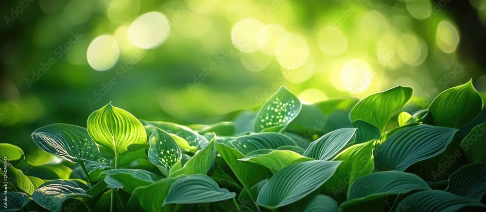 Poster lush green hosta leaves with dew drops in a serene garden setting creating a tranquil natural ambian