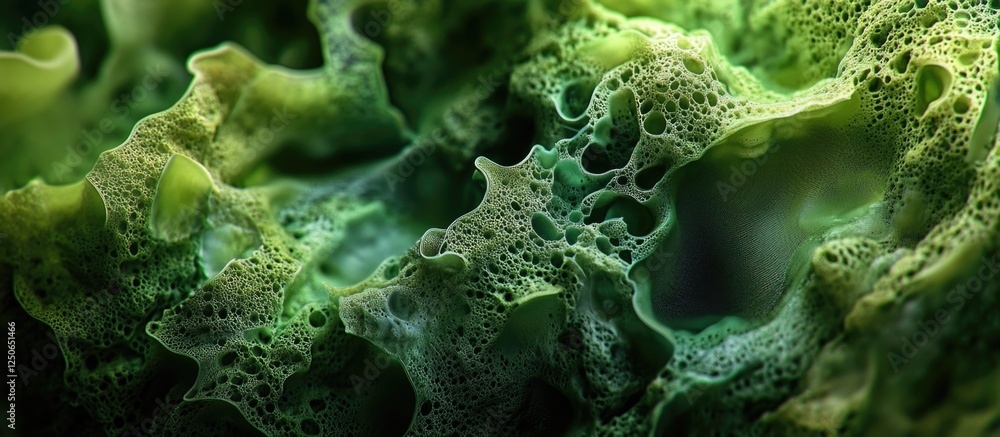 Poster macro abstract texture featuring green organic forms and bubbles on a vibrant background ideal for c