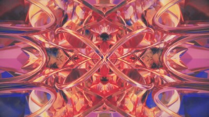 Infinite 3d animation of intersecting reflective and transparent glass formations in retro colored kaleidoscope scene.

