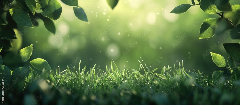 Poster lush green blurred background with soft focus on grass and leaves creating a serene natural atmosphe