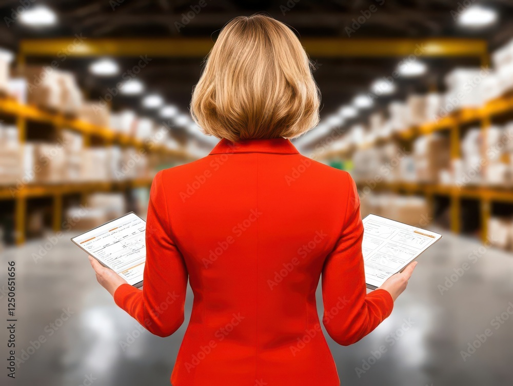 Poster supply chain management operations risk management. businesswoman reviewing operational efficiency m