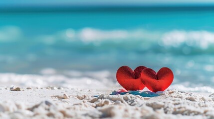 Fototapeta premium Romantic red paper hearts on a beach with blue sea and sky for Valentine's Day celebration