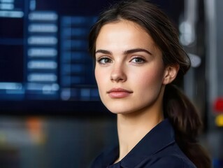 Fototapeta premium supply chain management operations risk management. Businesswoman reviewing operational efficiency metrics and risk management plans on a digital interface in a factory setting