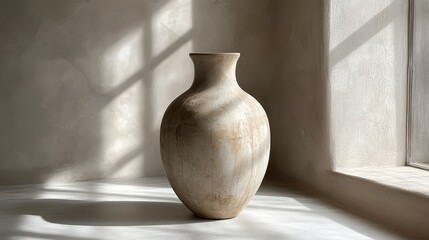 Beige ceramic vase, sunlight, window, interior. Home decor