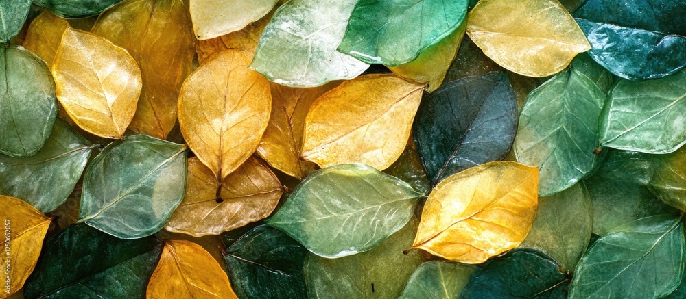 Poster autumn leaves in green and yellow hues creating a vibrant backdrop with ample space for text and des
