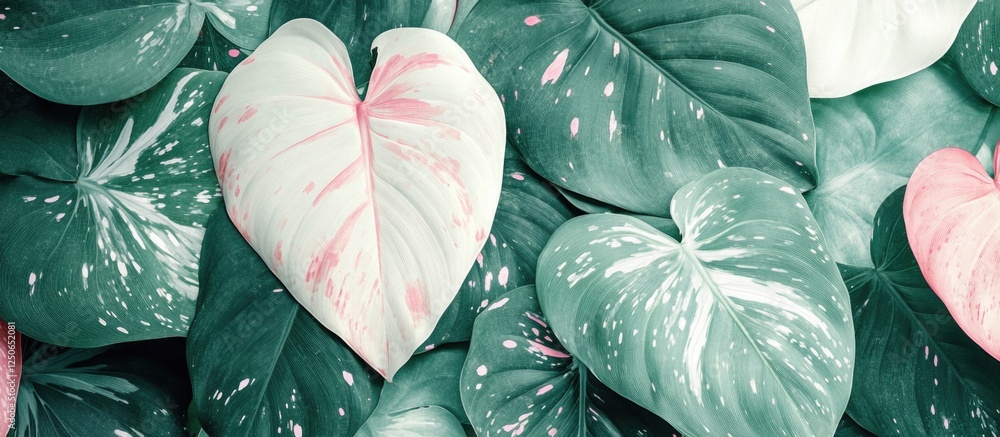 Aufkleber decorative taro leaves with green and white patterns enhanced by gradient spots of pink and red in a