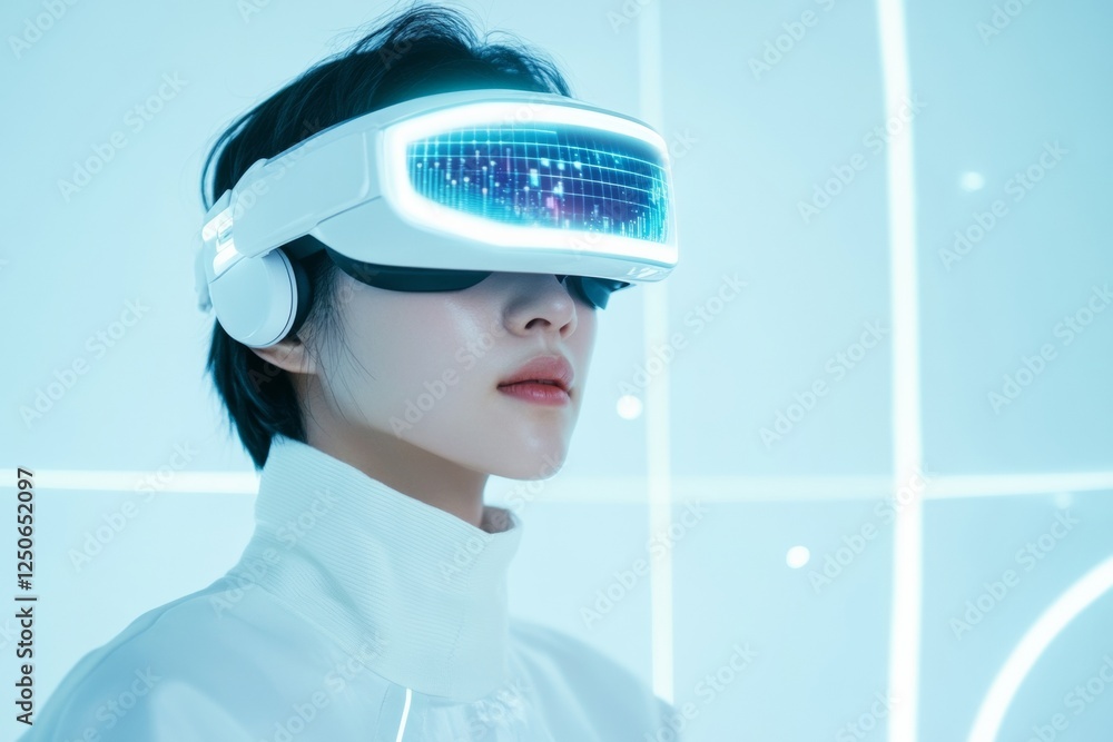 Leinwandbilder Futuristic Virtual Reality Collaboration Young Professional in Minimalistic Cyan Workspace with VR Interface - Remote Work Innovation for Modern Business Efficiency