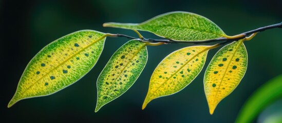 Macro shot of green and yellow leaves on a branch showcasing detailed textures and patterns against a dark background.