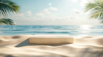 Sandy beach podium for tropical theme with ocean reflection, warm golden sand, gentle sea waves, dreamy sunlight reflection, summer-inspired showcase