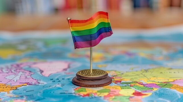 Rainbow flag waves proudly against world map, celebrating global diversity and lgbtq rights - Powered by Adobe