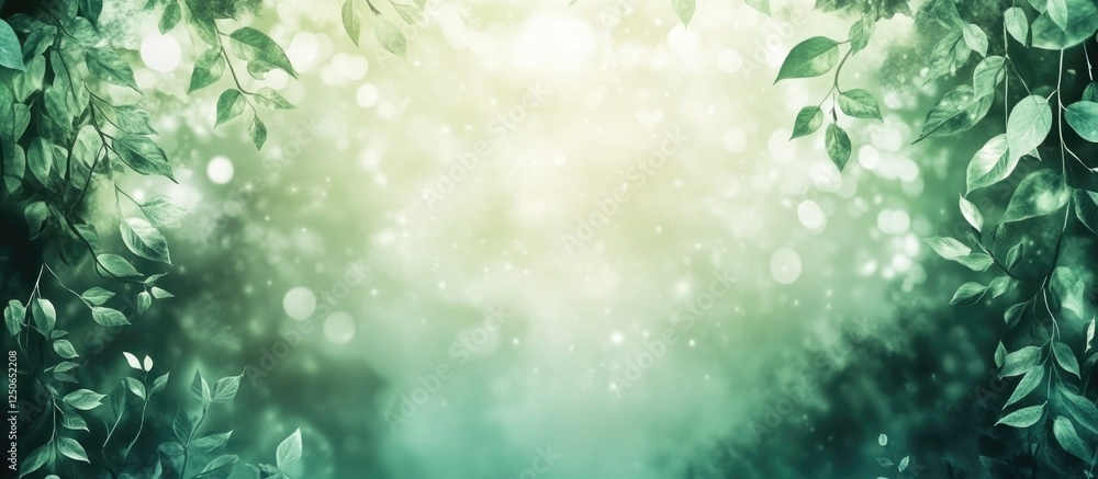 Poster bokeh background featuring soft green and white hues with natural forest foliage creating a serene a
