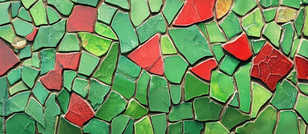 Poster vibrant green and red mosaic wall texture in abstract design showcasing intricate patterns and detai
