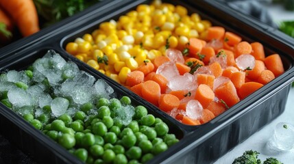 Mix of various frozen vegetables in a plastic container, close-up. Healthy food concept. Vegetable preparation.