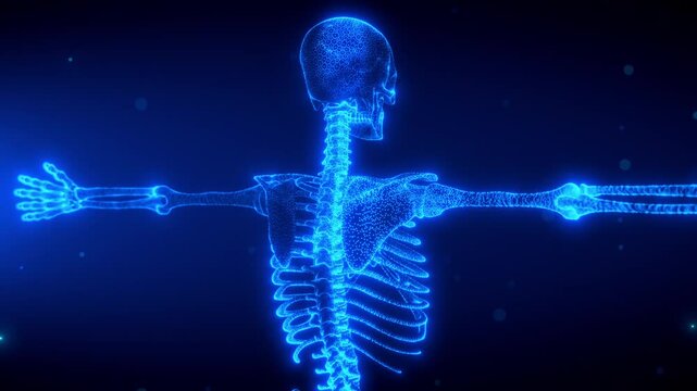 Holographic male human upper body skeleton with a rotating scanning effect. A futuristic and medical-inspired digital visualization in glowing blue, lasts 20s seamless loop