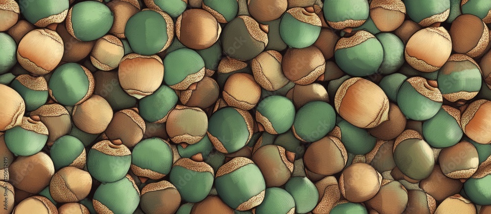 Poster seamless pattern background featuring an array of green and brown acorns ideal for textiles, wallpap