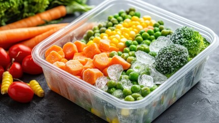 Frozen food from the refrigerator. Broccoli, corn, peas, carrots, Brussels sprouts. Vegetable ingredients. Concept of proper nutrition.