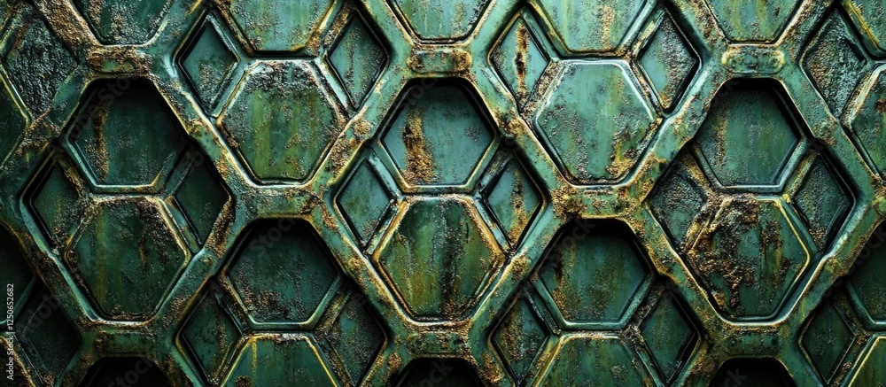 Poster aged green cast iron hexagonal pattern with intricate textures and weathered details suitable for in