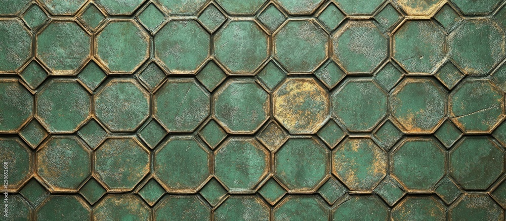 Poster textured aged green cast iron hexagonal tiles creating a vintage decorative background pattern.