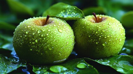 Two fresh green guava fruits with visible water droplets,