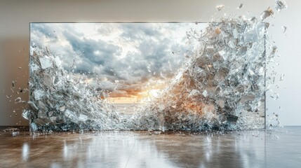 Shattering screen; ocean sunset, studio; advertising