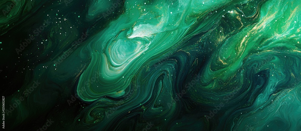 Poster emerald green swirling abstract texture with fluid patterns and subtle highlights for modern design 