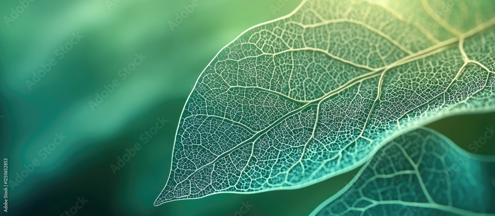Poster abstract green background depicting intricate details of plant leaf structure illuminated by soft li
