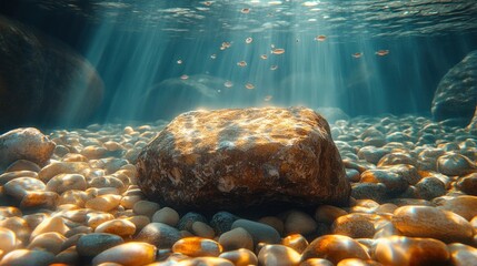 Underwater sunlit rock, pebbles, fish, serene scene, product display