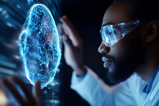 Afro- American doctor engage with digital diagnostics, holographic projections displaying medical data futuristic AI-driven healthcare treatments, medicine shaping medical future. Doctor care concept